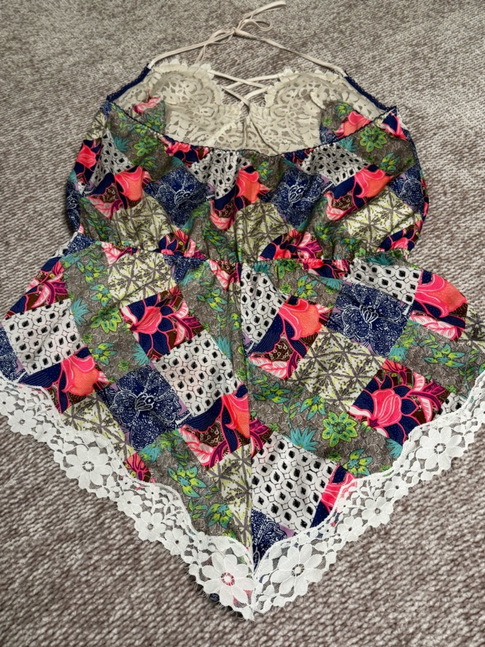 Victoria’s Secret L/G Patchwork Lace Sleep Romper Loungewear Colorful Print